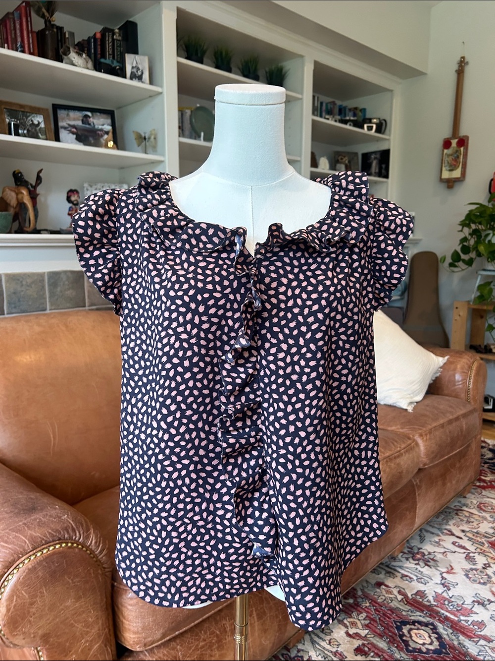 🌸3 FOR $20🌸 
 Ann Taylor Factory Navy Blouse with Pink Leaf Print and Ruffle Tri